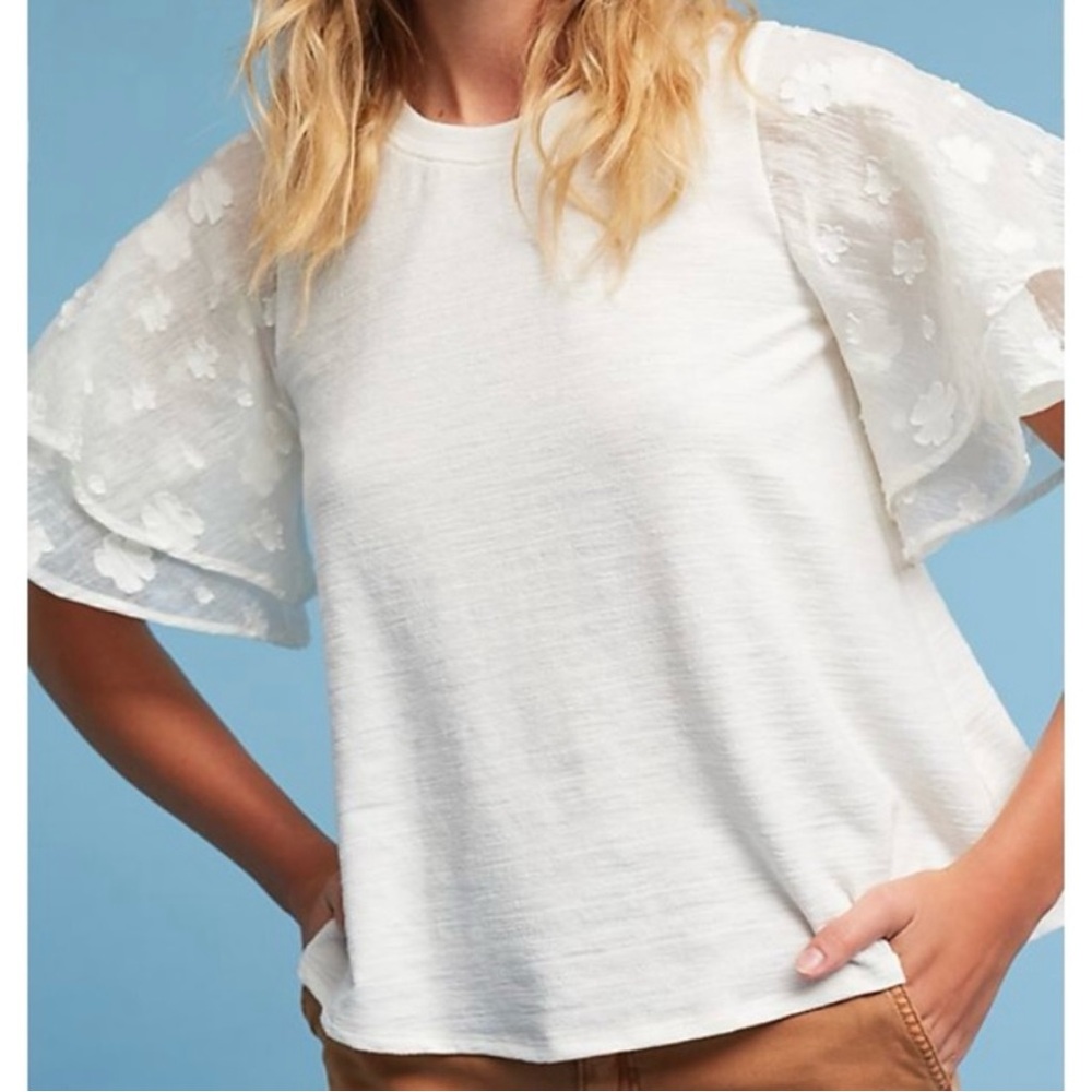 Anthropologie Floral Ruffled Flutter Clip Flower Short Sleeve White Knit Top S